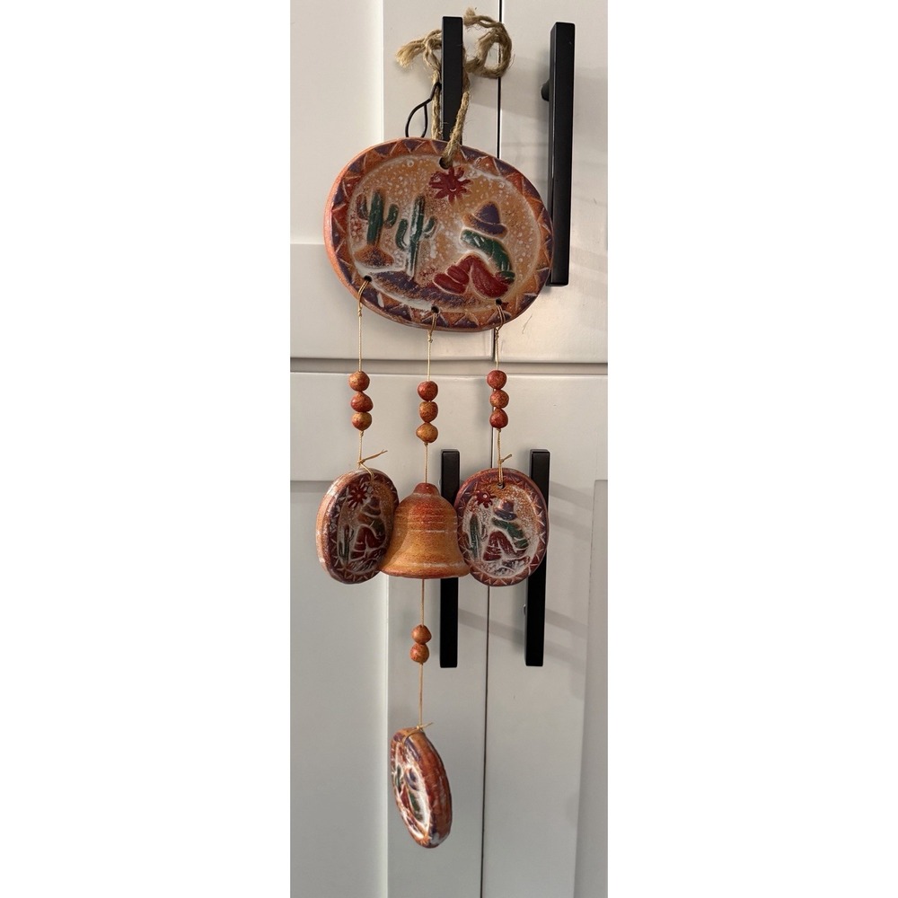 Vtg Southwestern Clay Pottery Wind Chime Desert Cactus Sombrero
